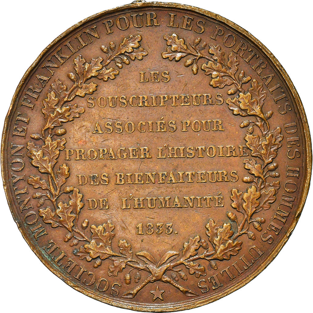 France, Medal, Masonic, Société Franklin et Montyon, 1833, Barre, AU(50-53)