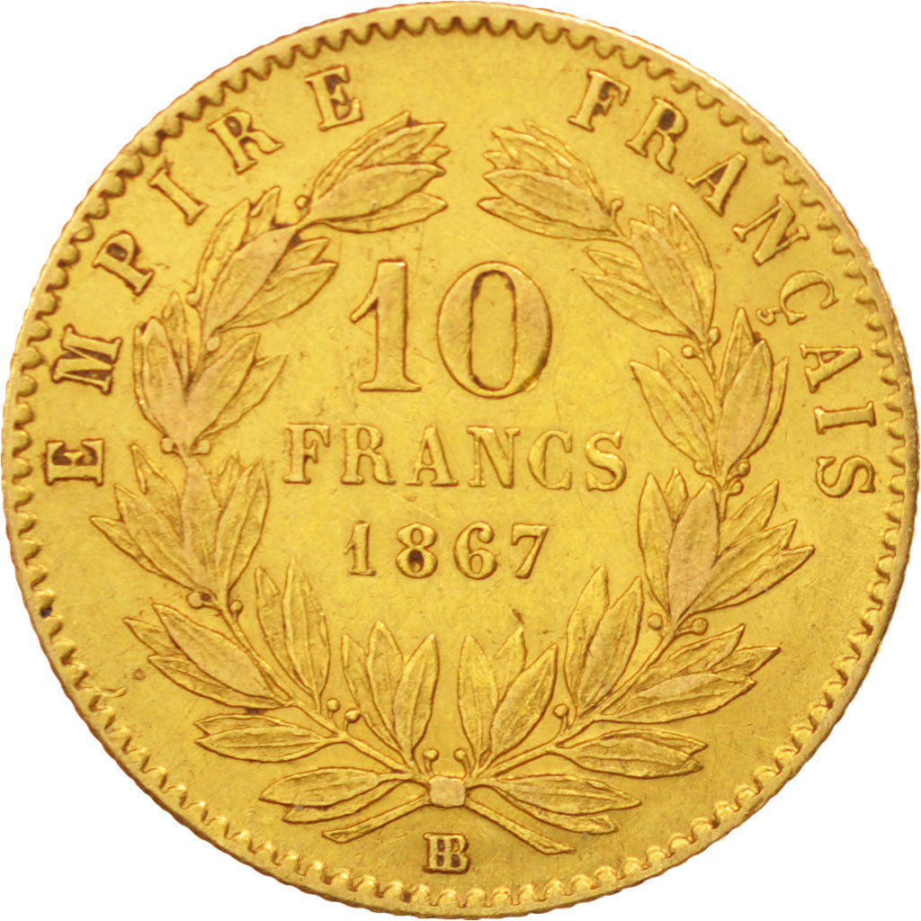 Frankreich, Napoleon III, 10 Francs, 1867, Strasbourg, AU(50-53), KM 800.2
