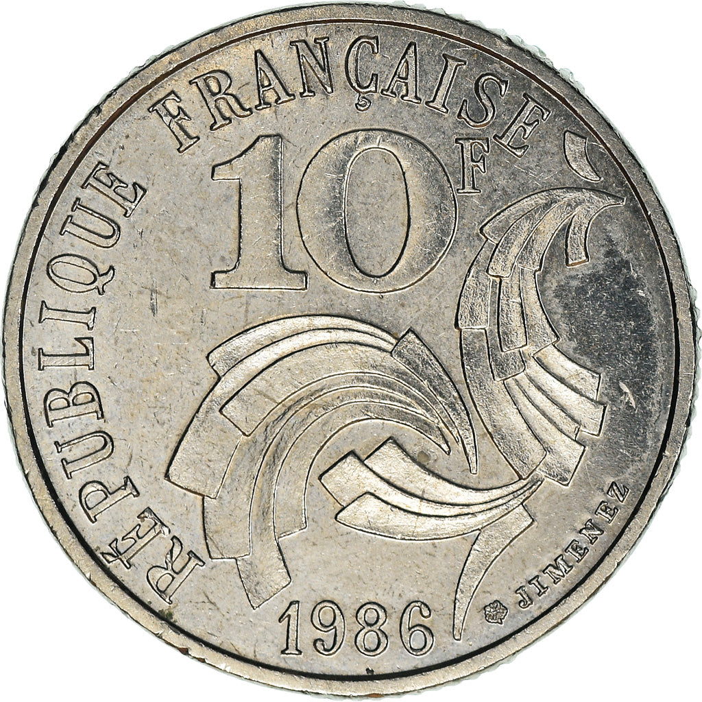 Moeda, França, Jimenez, 10 Francs, 1986, AU(50-53), Níquel, KM:959