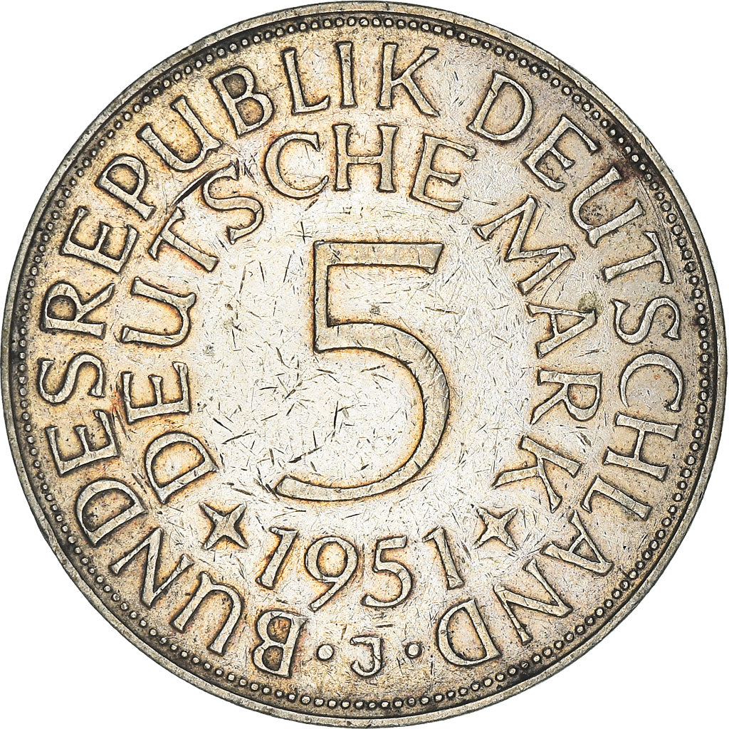 Coin, GERMANY - FEDERAL REPUBLIC, 5 Mark, 1951, Hambourg, EF(40-45), Silver