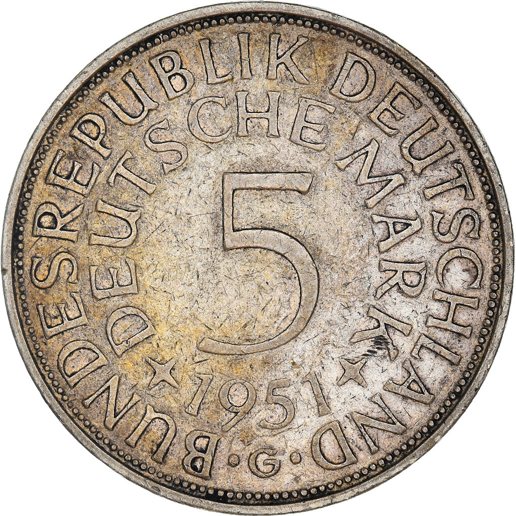 Coin, GERMANY - FEDERAL REPUBLIC, 5 Mark, 1951, Karlsruhe, EF(40-45), Silver