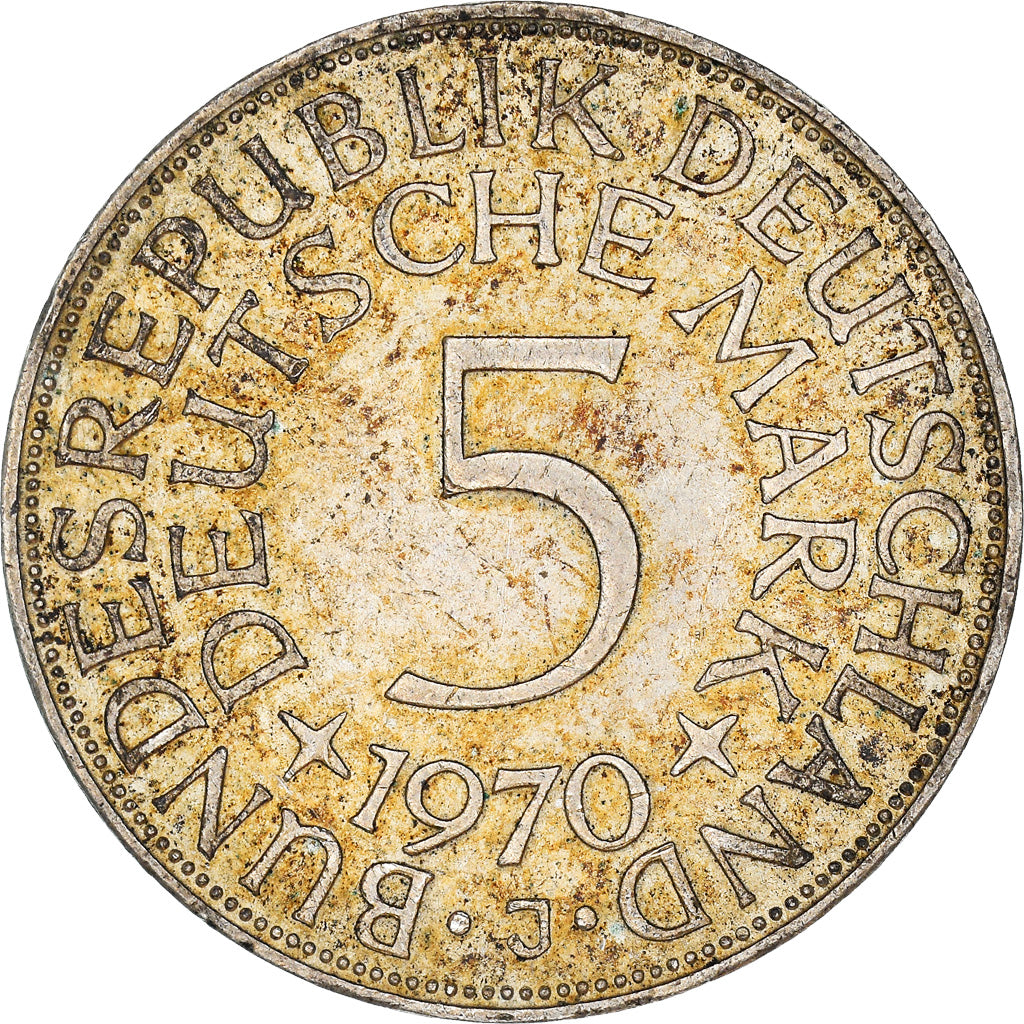 Munten, Federale Duitse Republiek, 5 Mark, 1970, Hambourg, ZF+, Zilver, KM:112.1