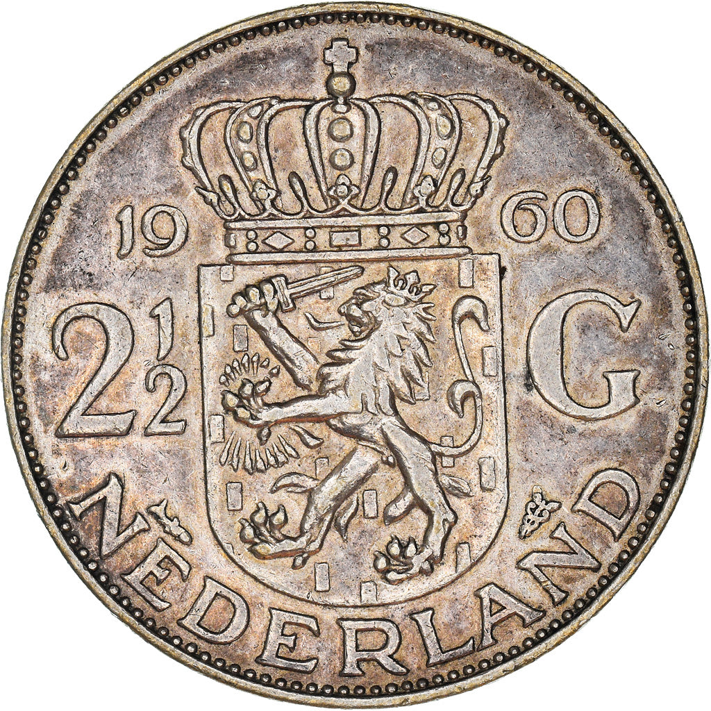 Coin, Netherlands, Juliana, 2-1/2 Gulden, 1960, AU(50-53), Silver, KM:185