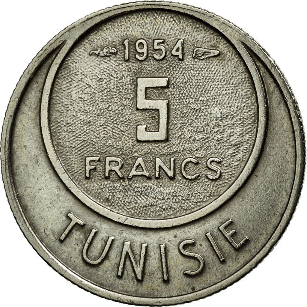 Tunisia, Muhammad al-Amin Bey, 5 Francs, 1954, Paris, EF(40-45), KM 277