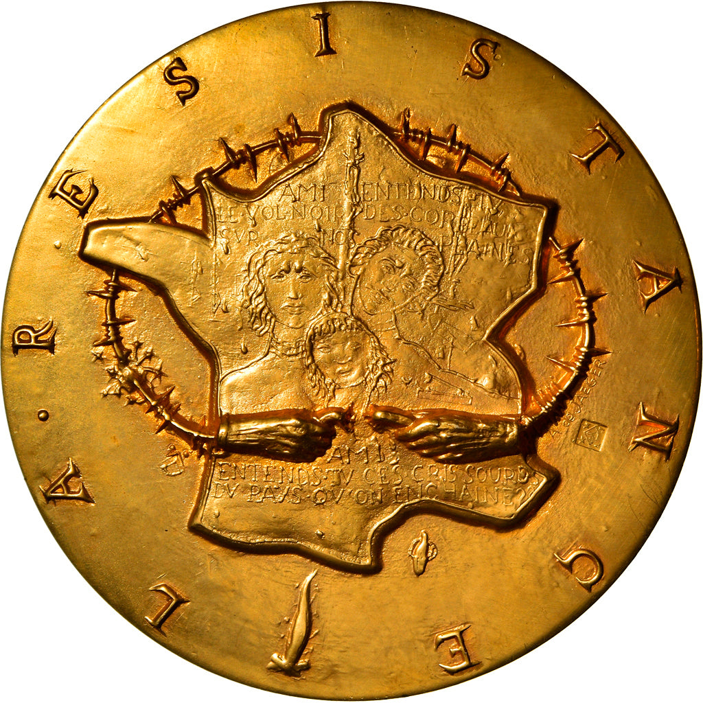 France, Medal, La Résistance, History, De Jeager, MS(63), Gilt Bronze