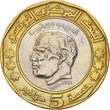 Tunisia, 5 Dinars, 2002, AU(50-53), Bi-Metallic, KM:444
