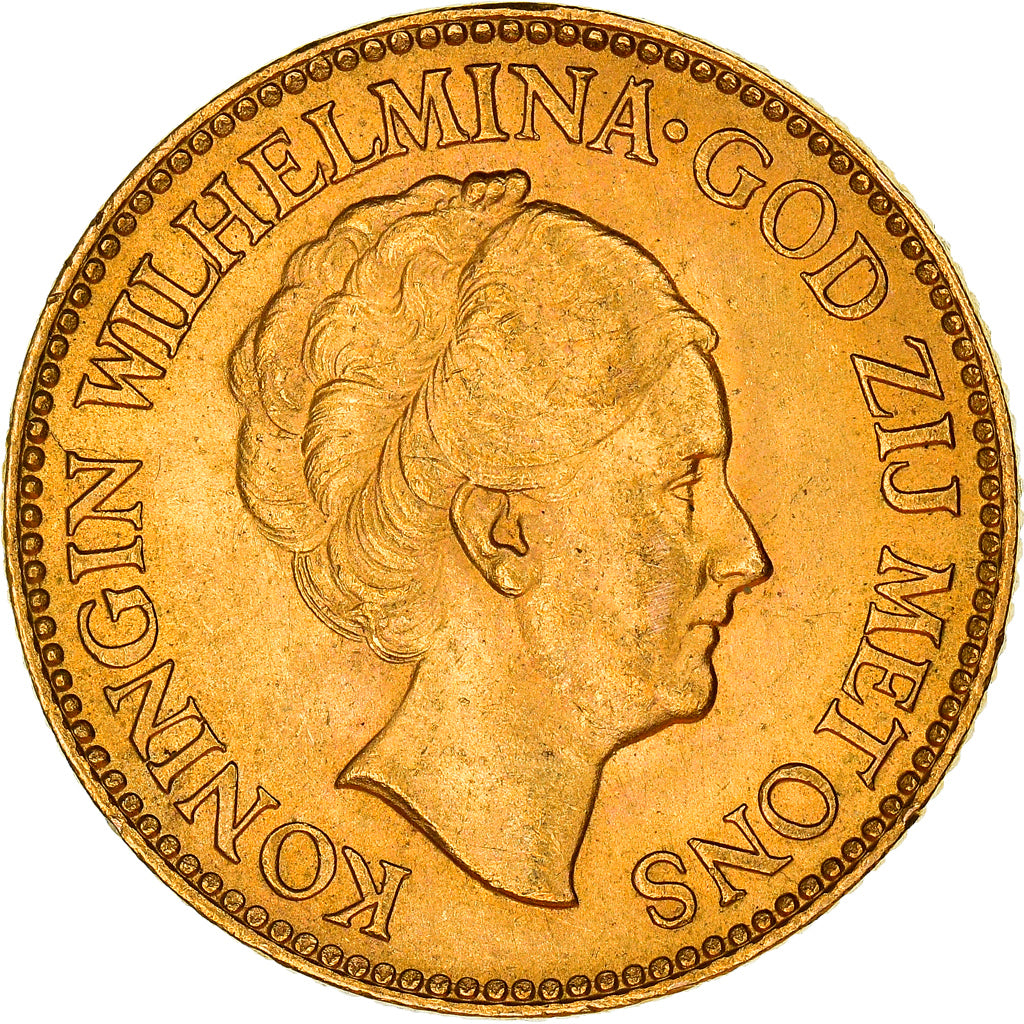 Coin, Netherlands, Wilhelmina I, 10 Gulden, 1932, AU(55-58), Gold, KM:162