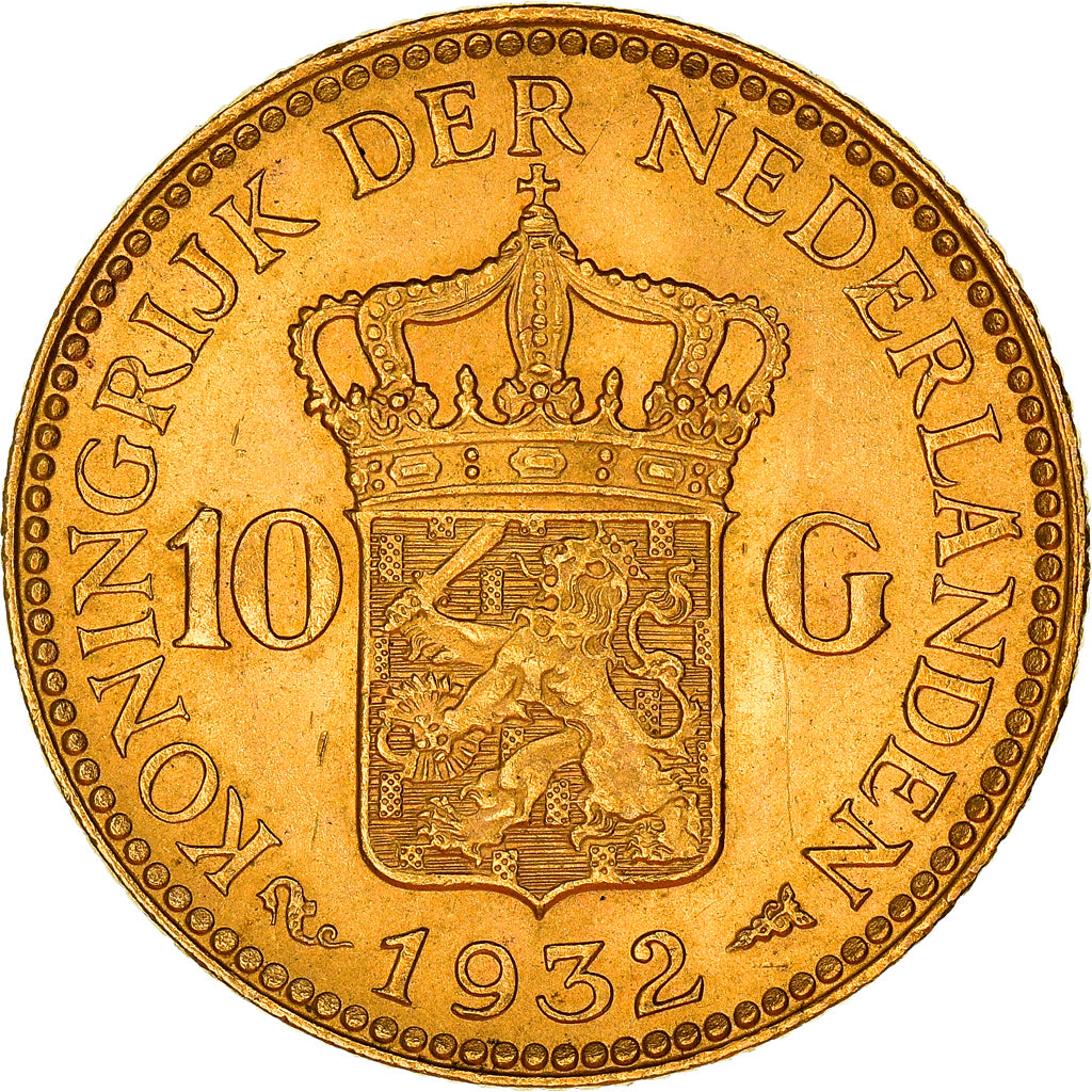 Coin, Netherlands, Wilhelmina I, 10 Gulden, 1932, AU(55-58), Gold, KM:162