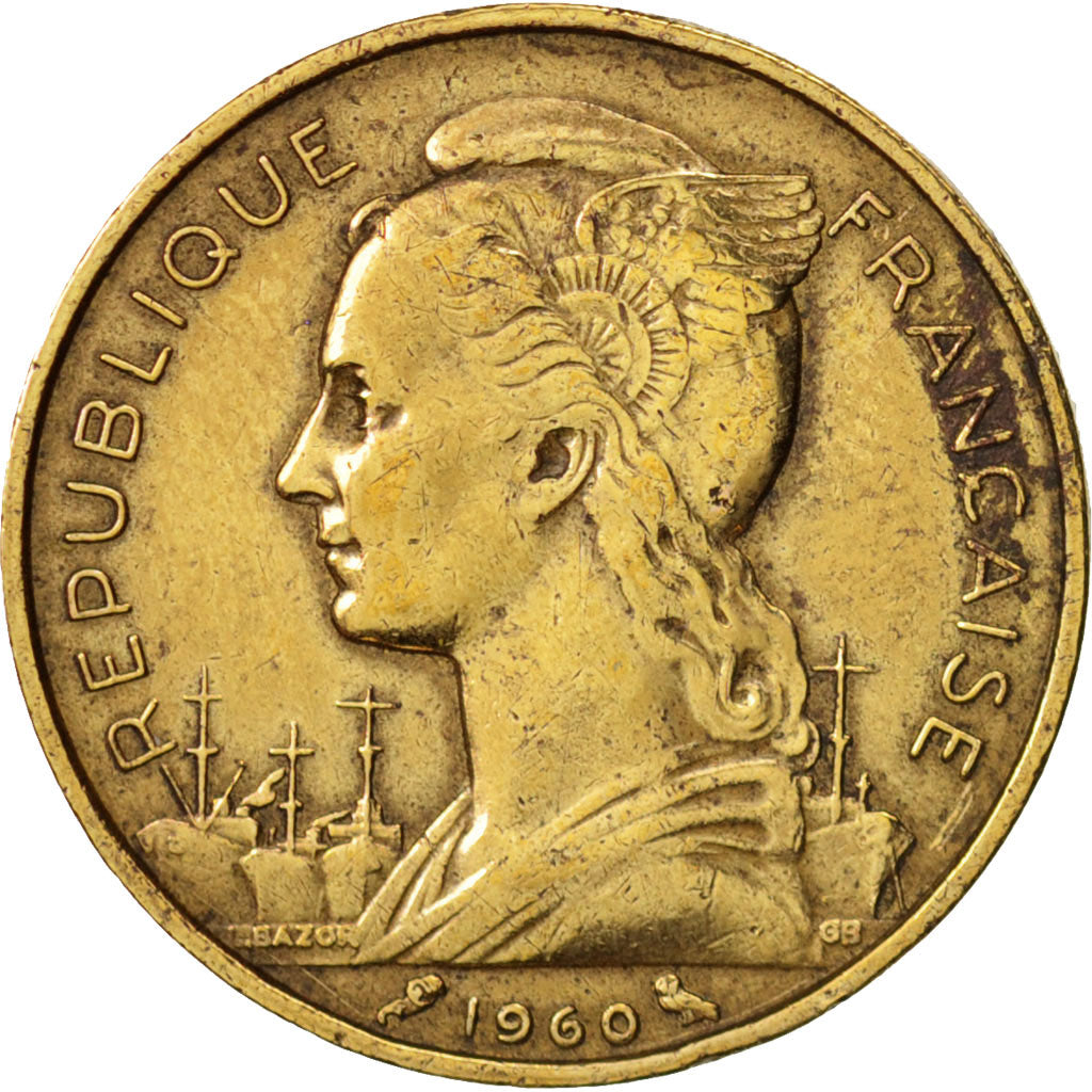 Réunion, 20 Francs, 1960, EF(40-45), Aluminum-Bronze, KM:11, Lecompte:89