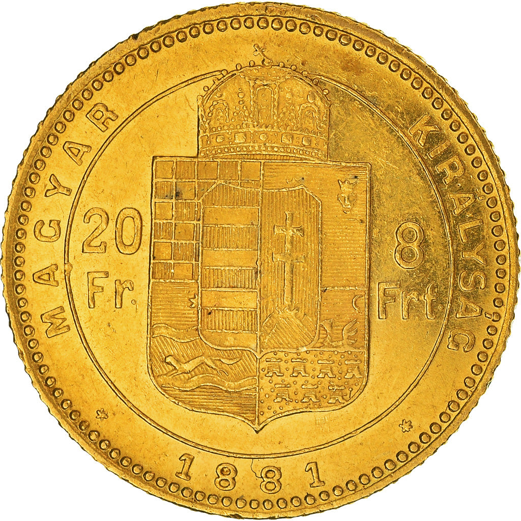 Moneda, Hungría, Franz Joseph I, 8 Forint 20 Francs, 1881, Kormoczbanya, SC
