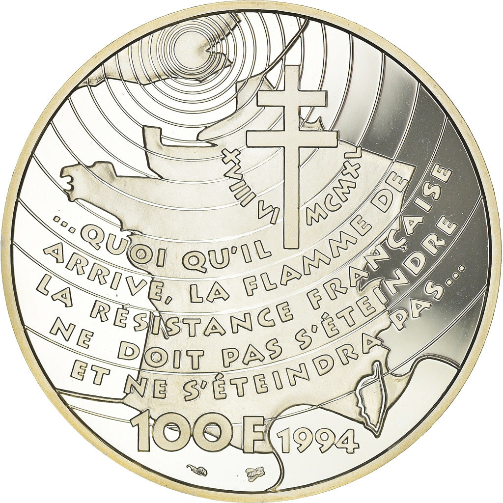 Coin, France, Appel du 18 juin 1940, 100 Francs, 1994, BE, MS(65-70), Silver