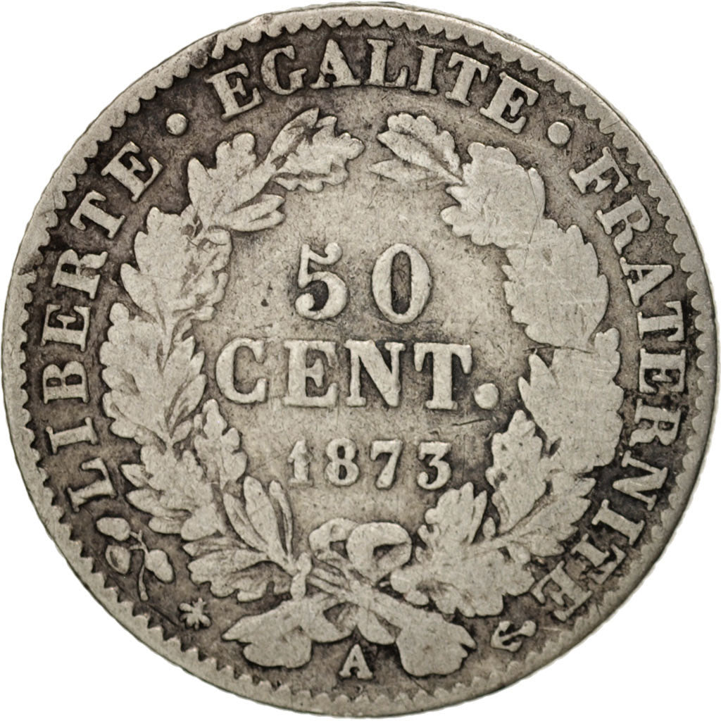 Francia, Cérès, 50 Centimes, 1873, Paris, B+, Argento, KM:834.1, Gadoury:419a