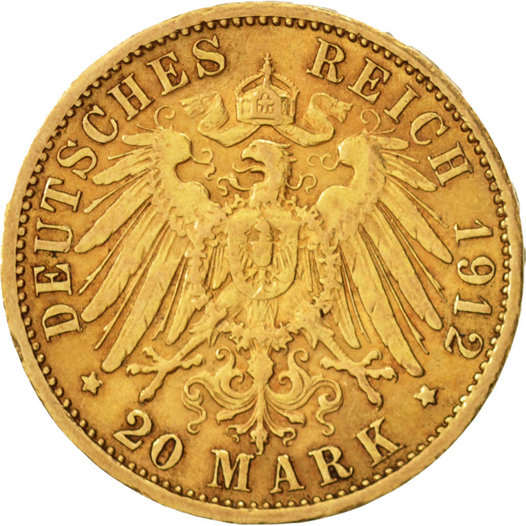 Coin, German States, BADEN, Friedrich II, 20 Mark, 1912, Stuttgart, EF(40-45)