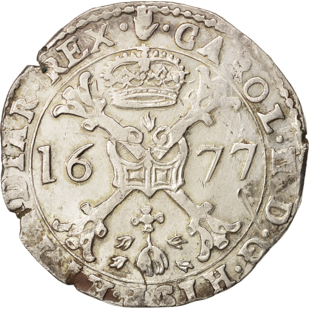 Spanish Netherlands, BRABANT, Patagon, 1677, Antwerp, AU(50-53), Silver, KM:81.1