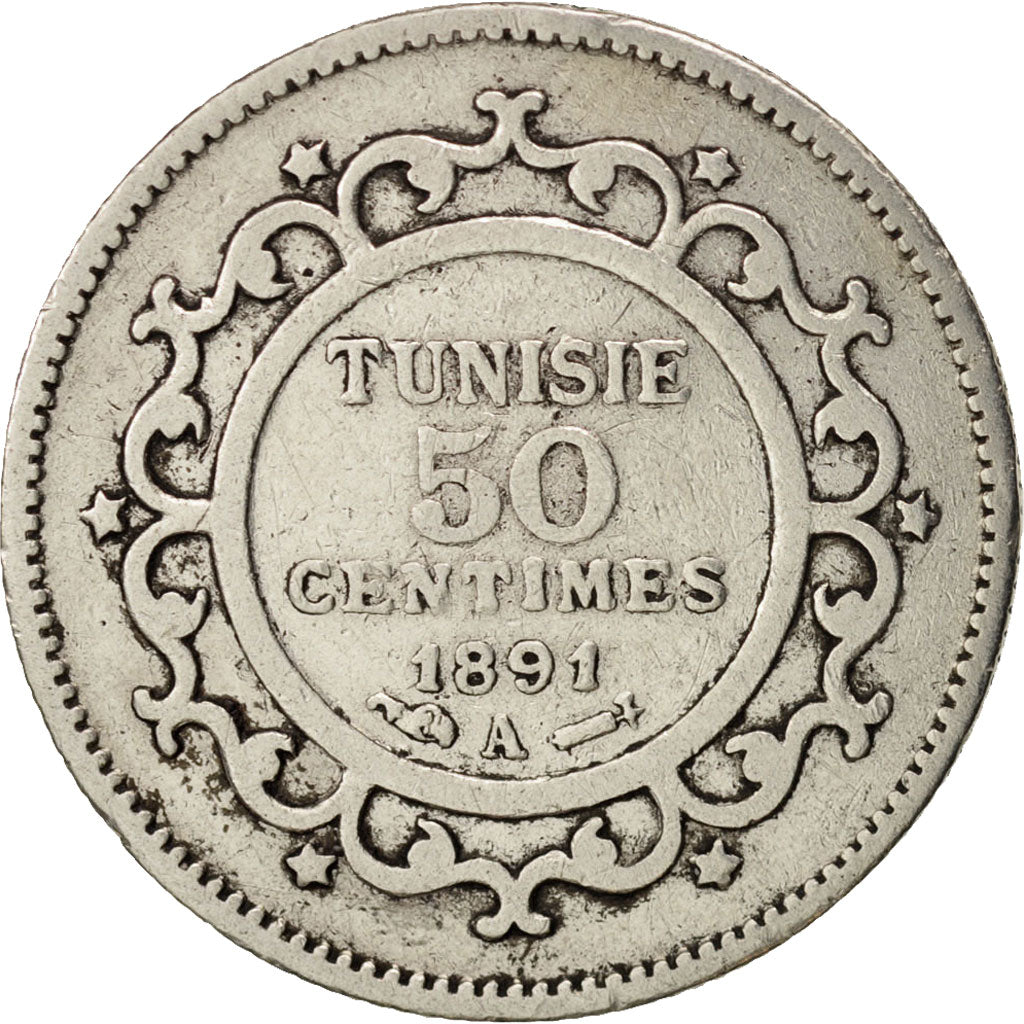 Tunisia, Ali Bey, 50 Centimes, 1891, Paris, EF(40-45), Silver,KM:223,Lecompte136