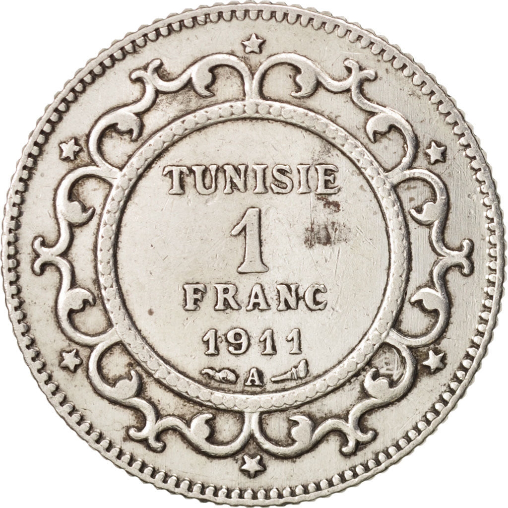 Tunisia, Muhammad al-Nasir Bey, Franc, 1911, Paris, EF(40-45), Silver, KM:238