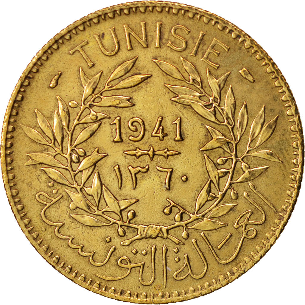 Tunisia, Anonymous, 2 Francs, 1941, Paris, AU(55-58), Aluminum-Bronze, KM:248