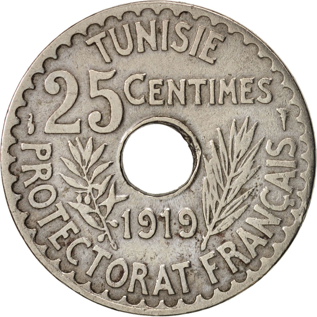 Tunisia, Muhammad al-Nasir Bey, 25 Centimes, 1919, Paris, EF(40-45), KM 244