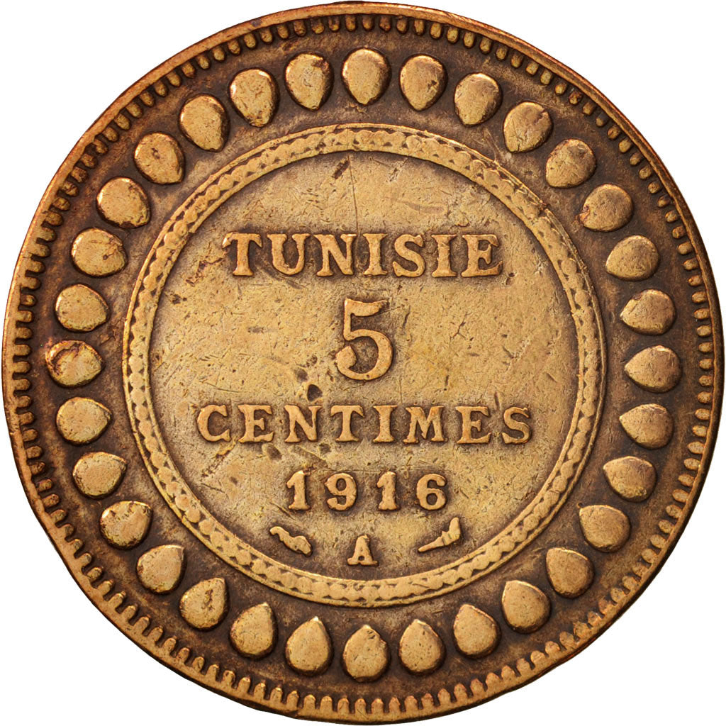 Tunisia, Muhammad al-Nasir Bey, 5 Centimes, 1916, Paris, EF(40-45), Bronze