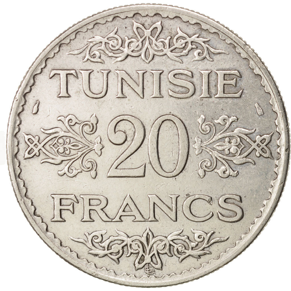 Tunisia, Ahmad Pasha Bey, 20 Francs, 1934, Paris, AU(50-53), Silver, KM:263