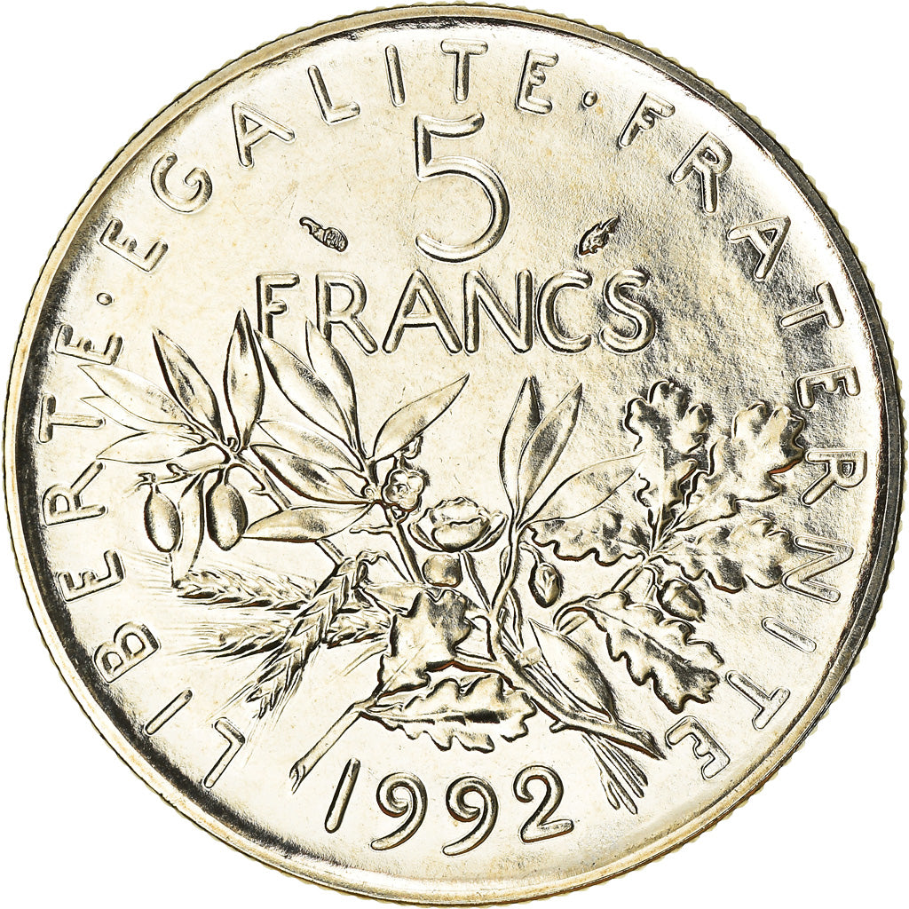 Moneta, Francia, Semeuse, 5 Francs, 1992, Paris, Medal alignment, FDC, Nichel