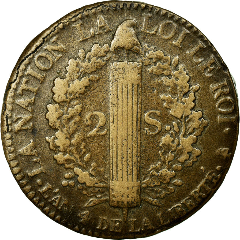 Coin, France, 2 sols françois, 2 Sols, 1792, Paris, VF(20-25), Bronze