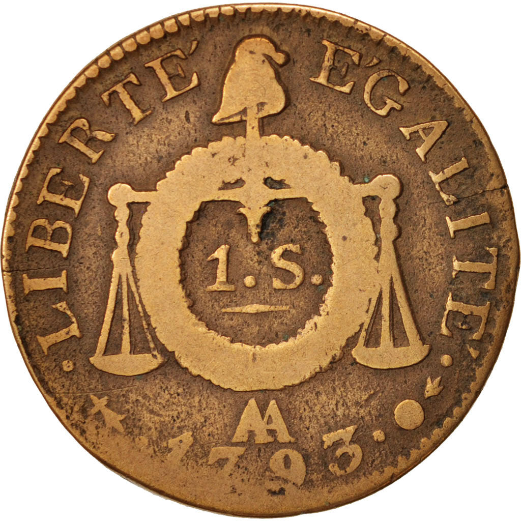 France, Sol aux balances françoise, Sol, 1793, Metz, B+, Bronze, Gadoury 19