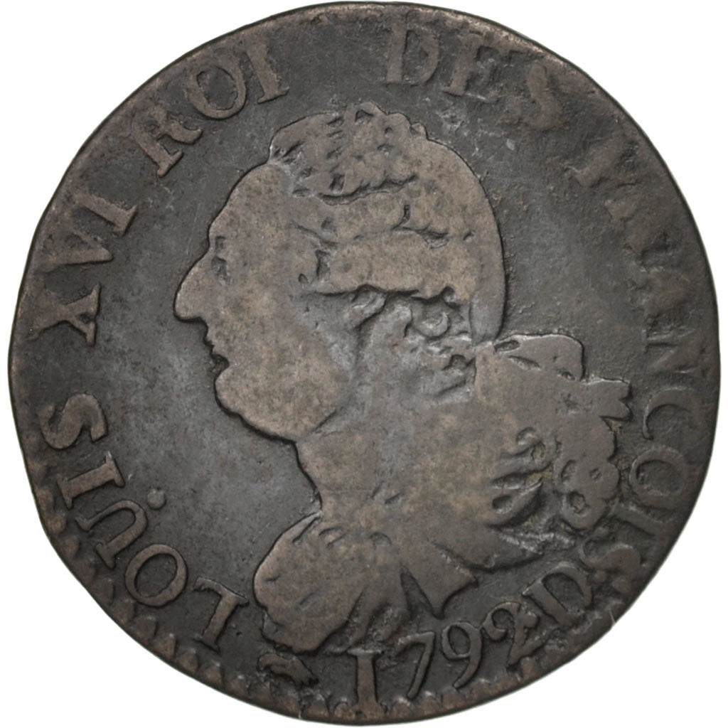 France, 3 deniers françois, 3 Deniers, Liard, 1792,Lyon,VF(20-25),Bronze,KM608.1