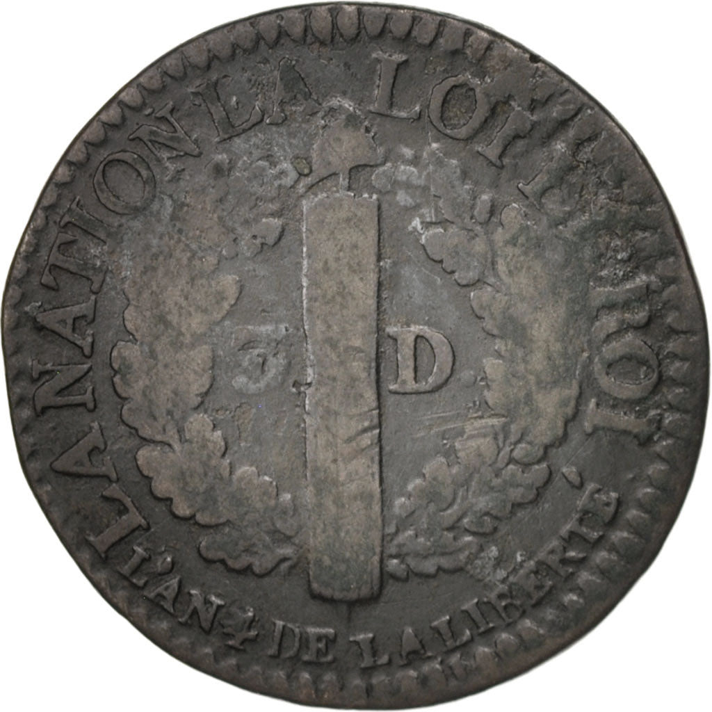 France, 3 deniers françois, 3 Deniers, Liard, 1792,Lyon,VF(20-25),Bronze,KM608.1