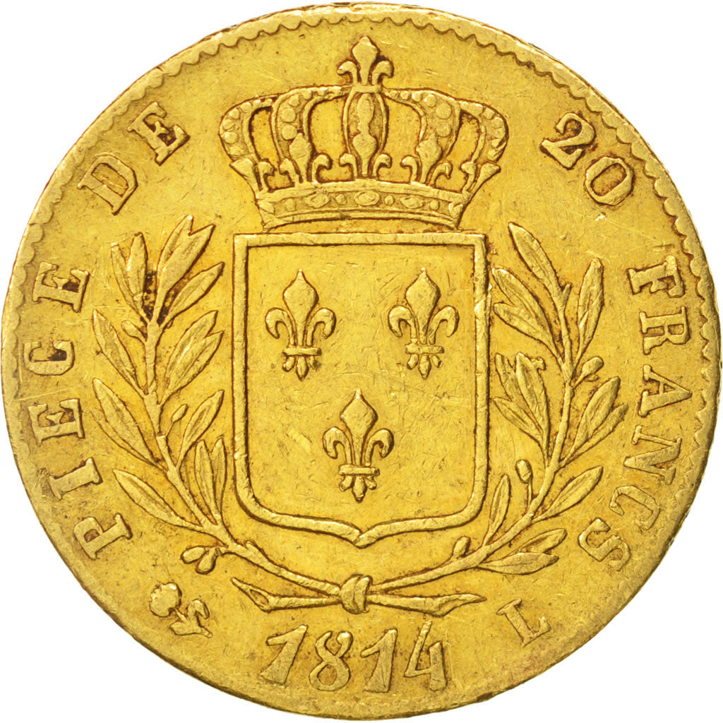 France, Louis XVIII, 20 Francs, 1814,Bayonne,VF(30-35),Gold,KM 706.4,Gadoury1026