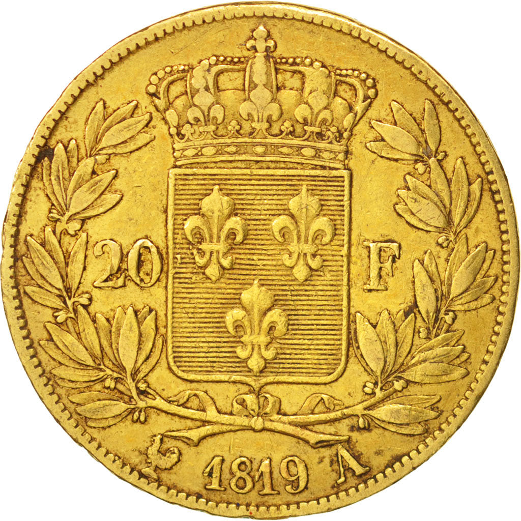 France, Louis XVIII, 20 Francs, 1819, Paris, EF(40-45), Gold,KM712.1,Gadoury1028