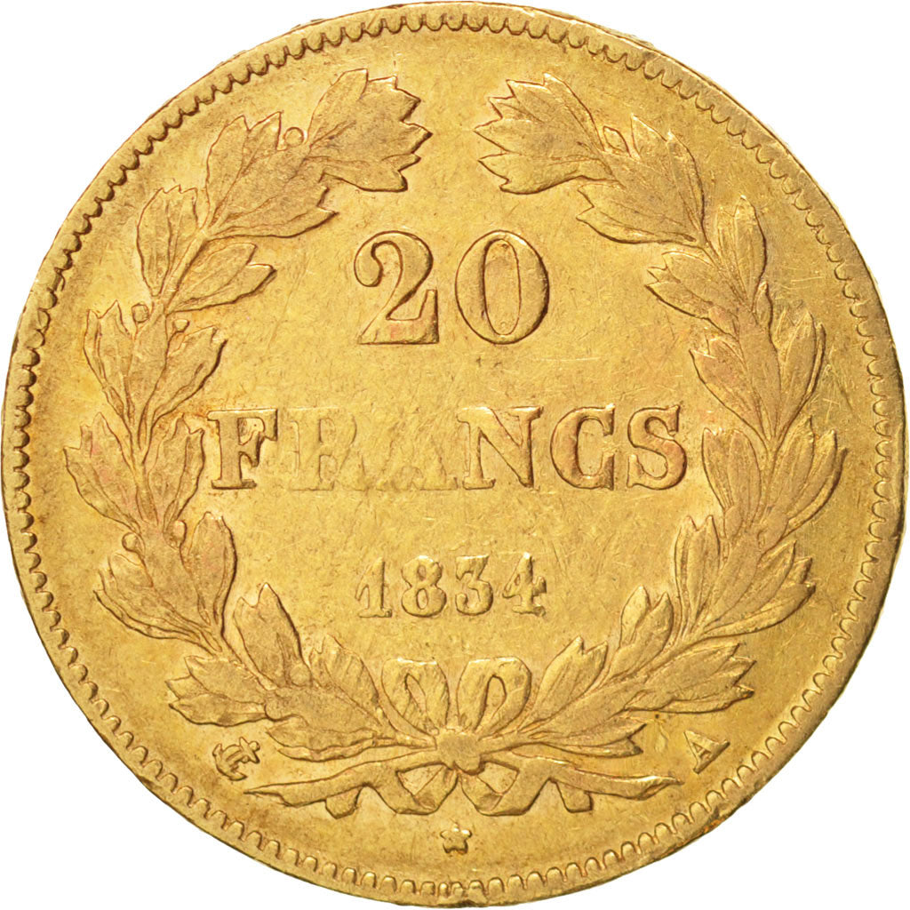 Coin, France, Louis-Philippe, 20 Francs, 1834, Paris, VF(30-35), Gold, KM:750.1