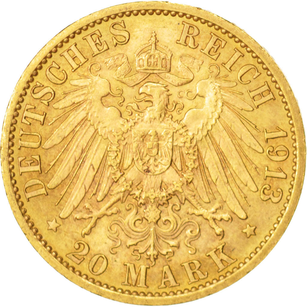 German States, PRUSSIA, Wilhelm II, 20 Mark, 1913, Berlin, AU(50-53), Gold