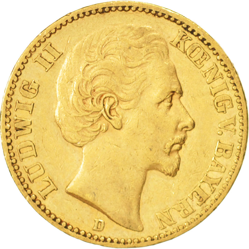 German States, BAVARIA, Ludwig II, 20 Mark, 1873, Munich, EF(40-45), Gold, KM894