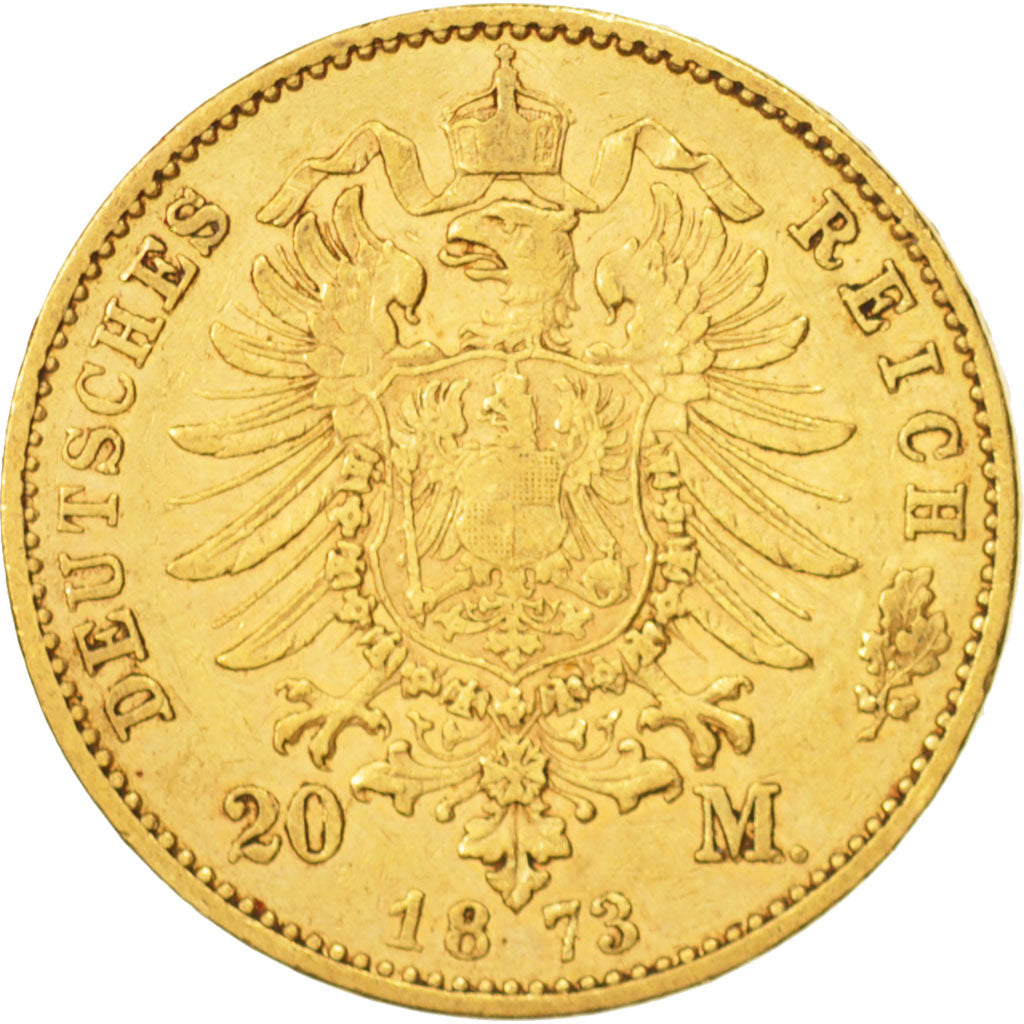 German States, BAVARIA, Ludwig II, 20 Mark, 1873, Munich, EF(40-45), Gold, KM894