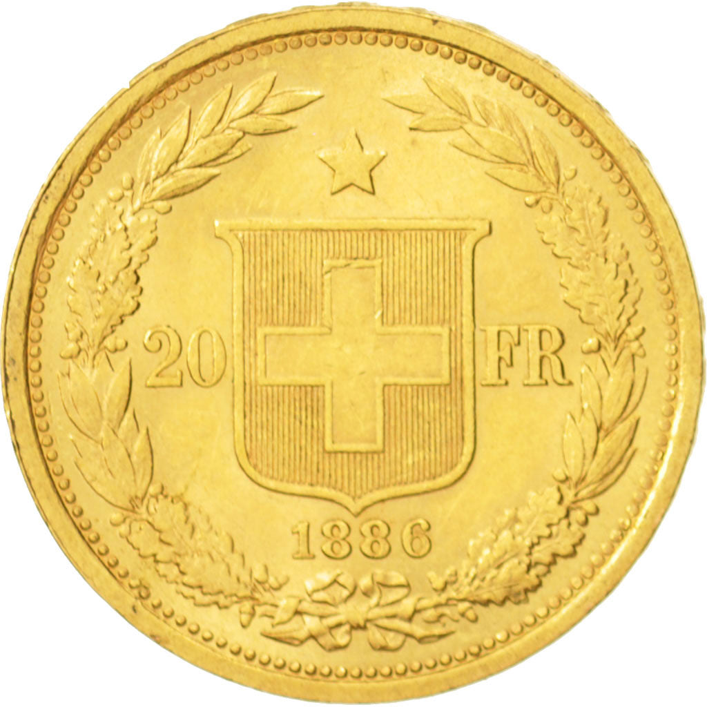 Switzerland, 20 Francs, 1886, AU(50-53), Gold, KM:31.3