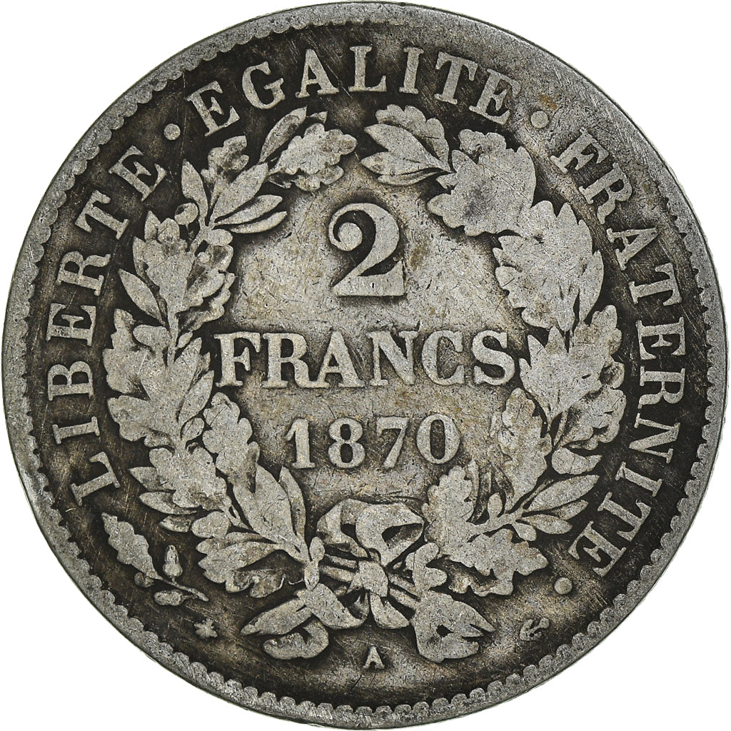 Monnaie, France, Cérès, 2 Francs, 1870, Paris, TB, Argent, Gadoury:530