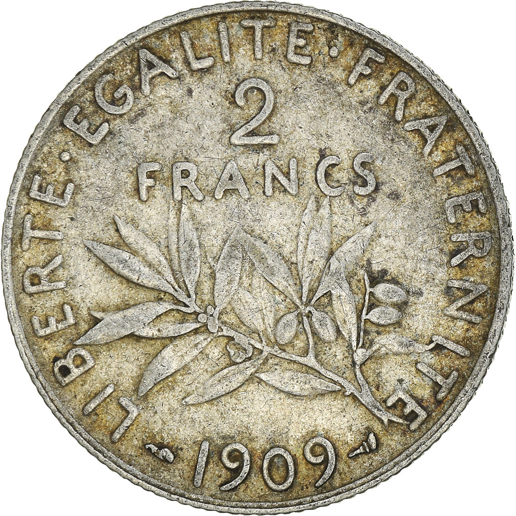 Moneta, Francia, Semeuse, 2 Francs, 1909, Paris, MB+, Argento, KM:845.1