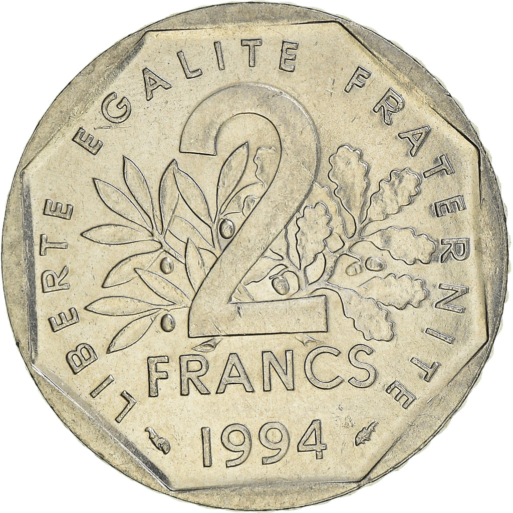 Moeda, França, Semeuse, 2 Francs, 1994, O.Roty, AU(55-58), Níquel, KM:942.2