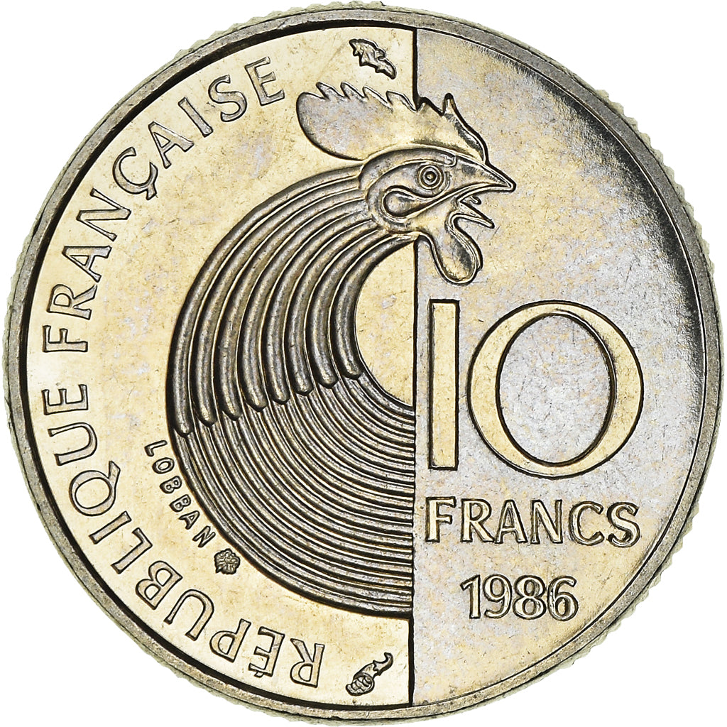 Moneta, Francja, Schumann, 10 Francs, 1986, MS(64), Nikiel, KM:958, Gadoury:825