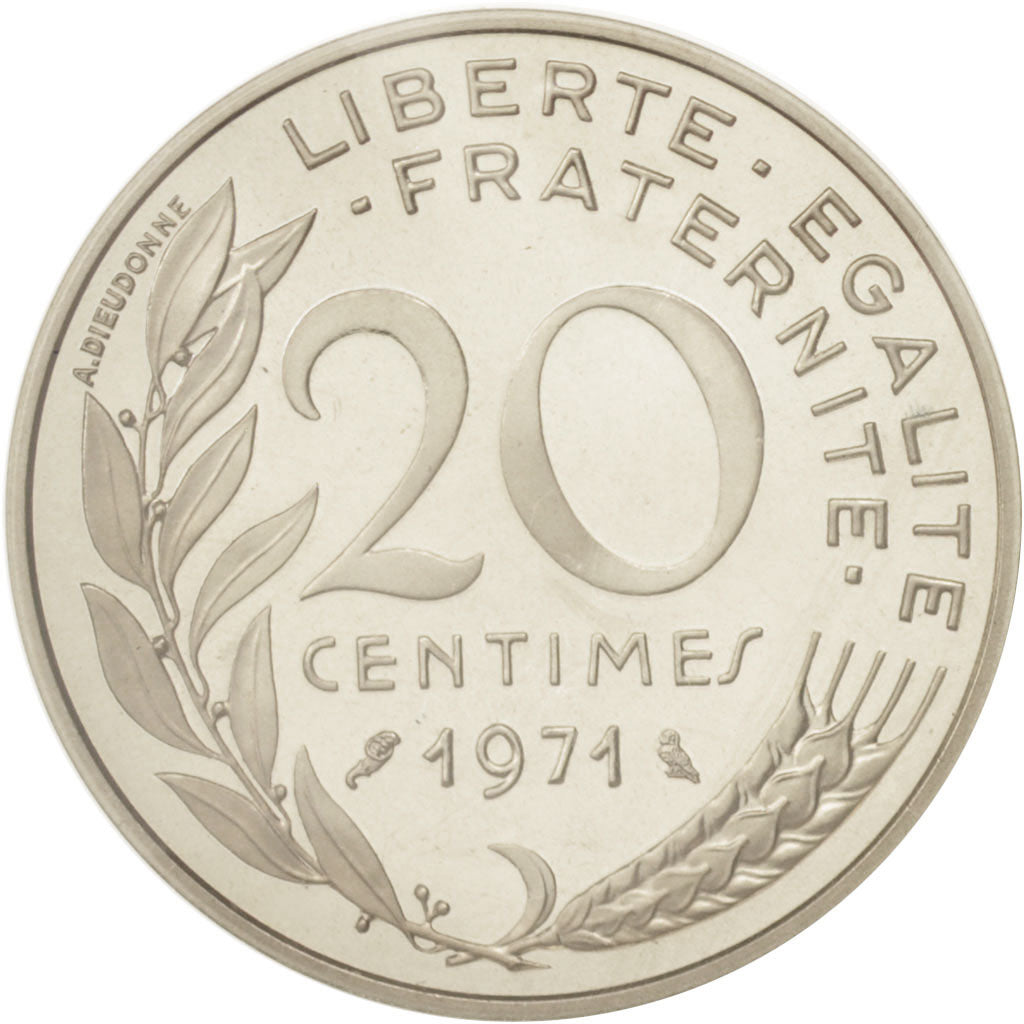 France, 20 Centimes, 1971, MS(65-70), Silver, KM:P422, Gadoury:56.P2