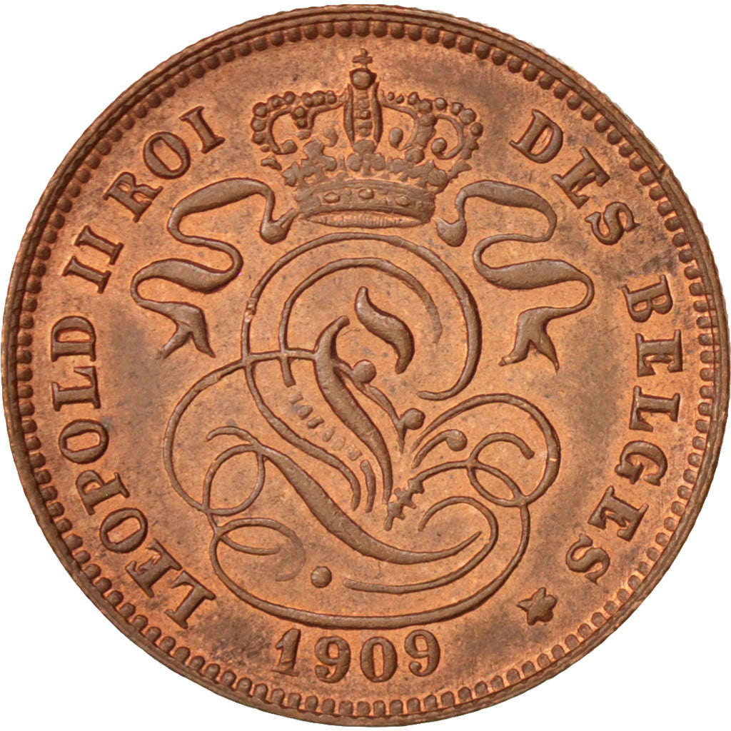 Belgium, Leopold II, 2 Centimes, 1909, AU(55-58), Copper, KM:35.1