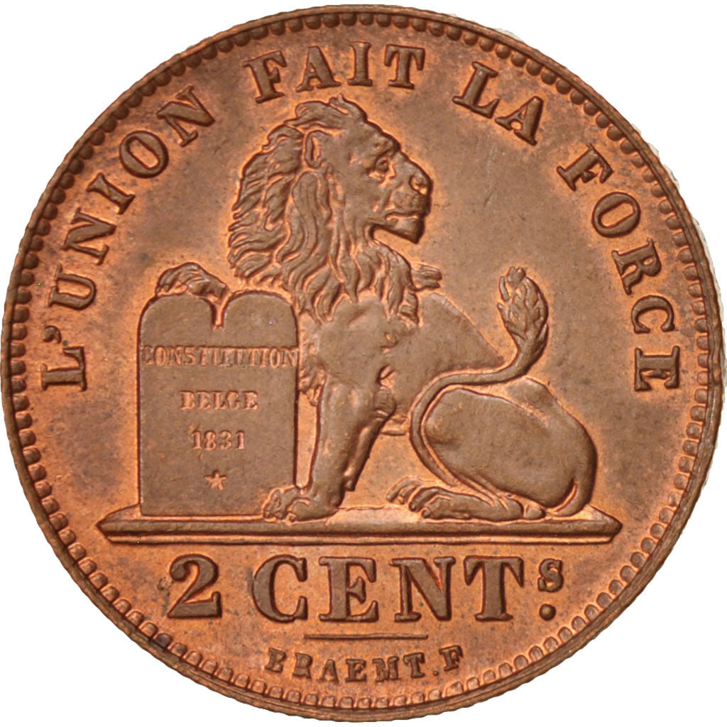 Belgium, Leopold II, 2 Centimes, 1909, AU(55-58), Copper, KM:35.1
