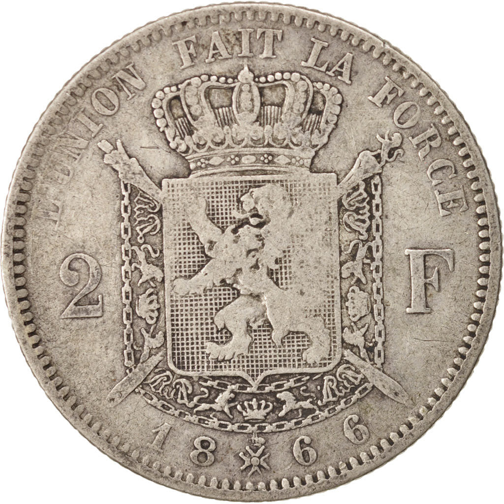 Belgium, Leopold II, 2 Francs, 2 Frank, 1866, VF(20-25), Silver, KM:30.1