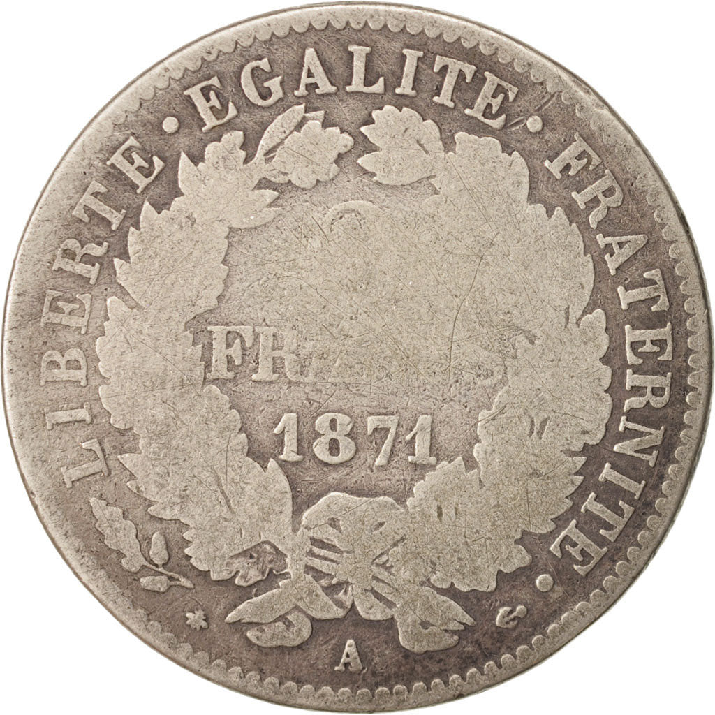 France, Cérès, 2 Francs, 1871, Paris, VG(8-10), Silver, KM:817.1, Gadoury:530