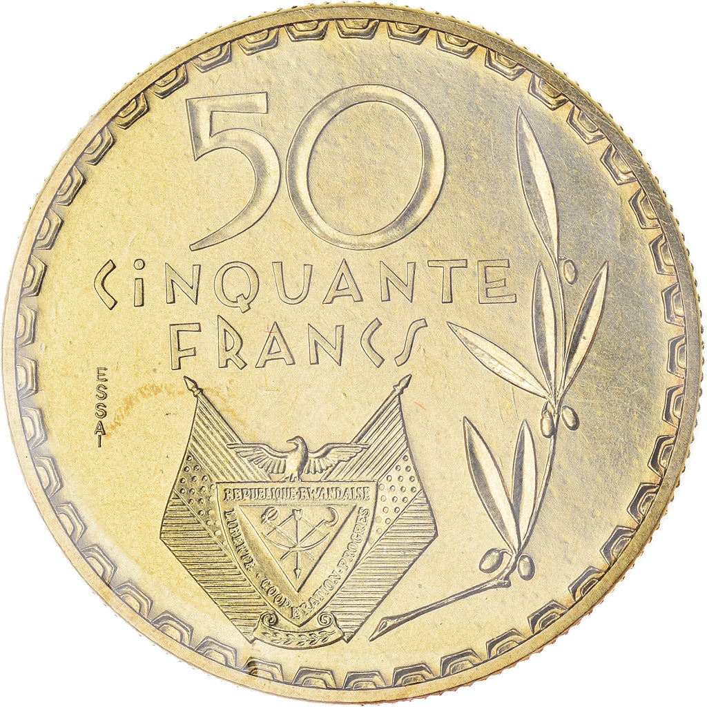 Coin, Rwanda, 50 Francs, 1977, ESSAI, MS(65-70), Brass, KM:E7