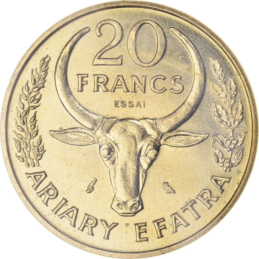 Coin, Madagascar, 20 Francs, 1970, Paris, ESSAI, MS(65-70), Aluminum-Bronze