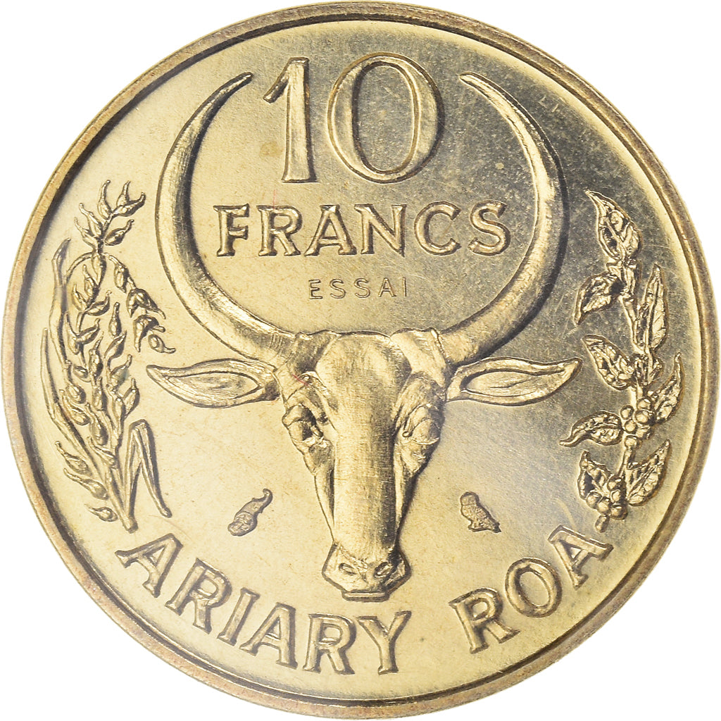 Coin, Madagascar, 10 Francs, 1970, Paris, ESSAI, MS(65-70), Aluminum-Bronze
