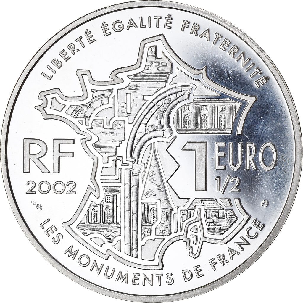 France, Mont Saint Michel, 1-1/2 Euro, 2002, Paris, BE, MS(65-70), Silver