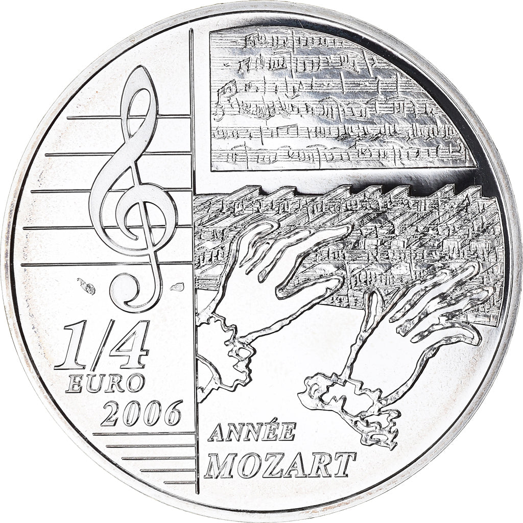 France, 1/4 Euro, Mozart, 2006, Paris, BU, MS(65-70), Silver, KM:2061